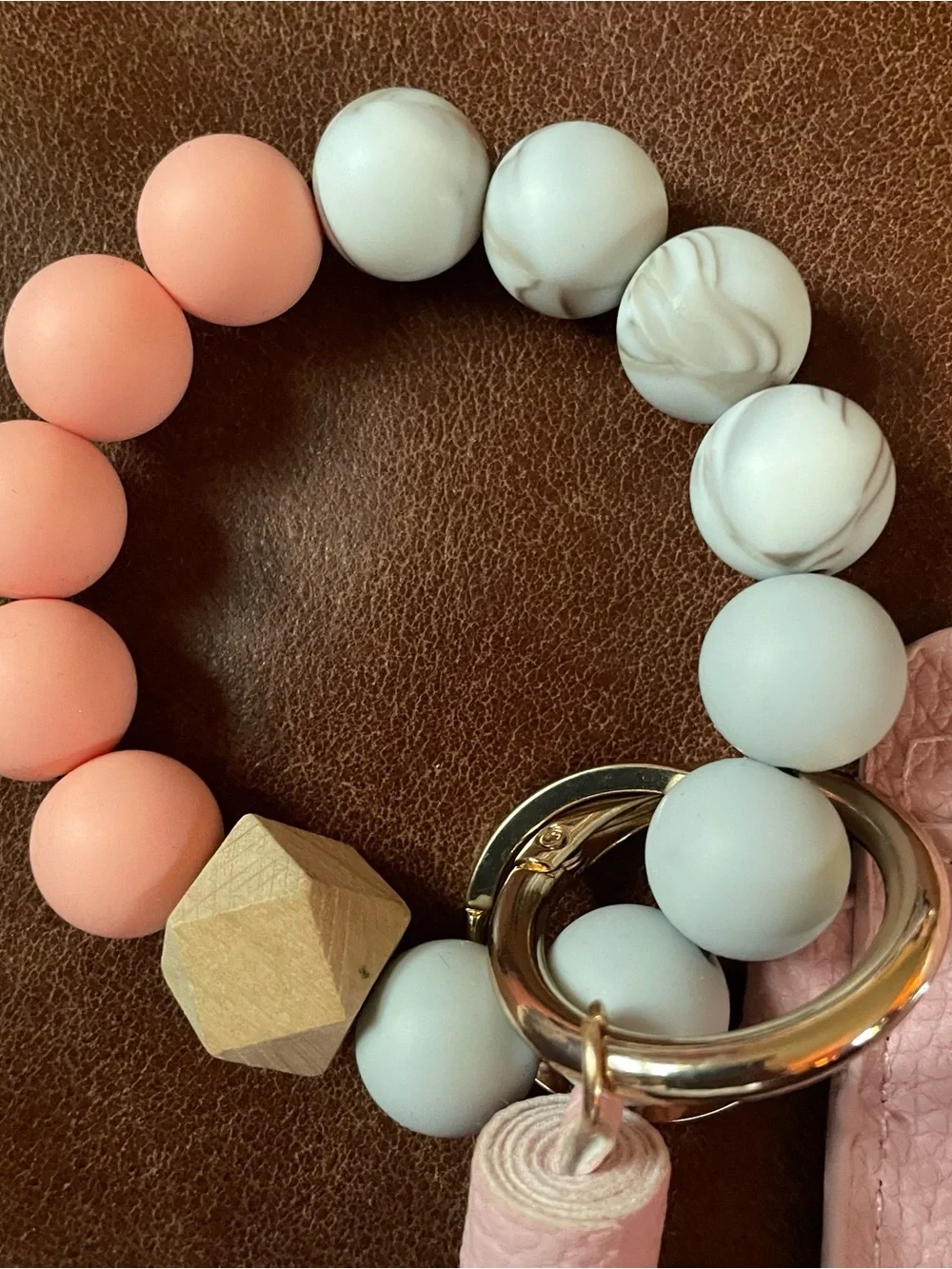 Silicone Wood Beaded Tassel Bracelet Wristlet Bangle Keychain Key Ring Wallet